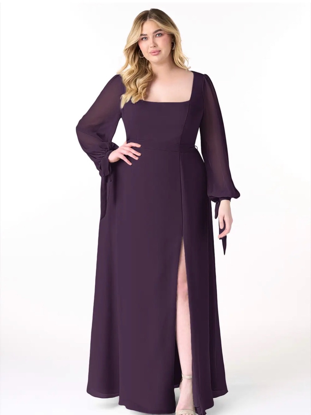 Azazie Plum Square-Neck Maxi Dress with Sheer Bishop Sleeves and Side Slit